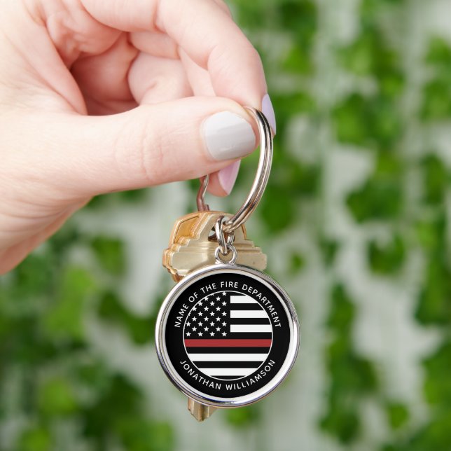 Personalized Firefighter Thin Red Line USA Flag Keychain (Hand)