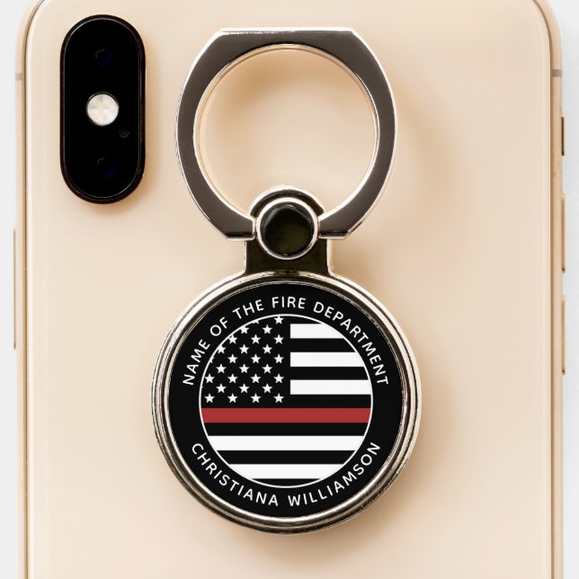 Personalized Firefighter Thin Red Line USA Flag Phone Ring Stand (Close Up)