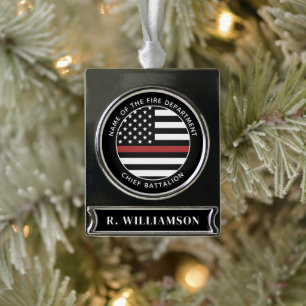 Personalized Firefighter Thin Red Line USA Flag Silver Plated Banner Ornament
