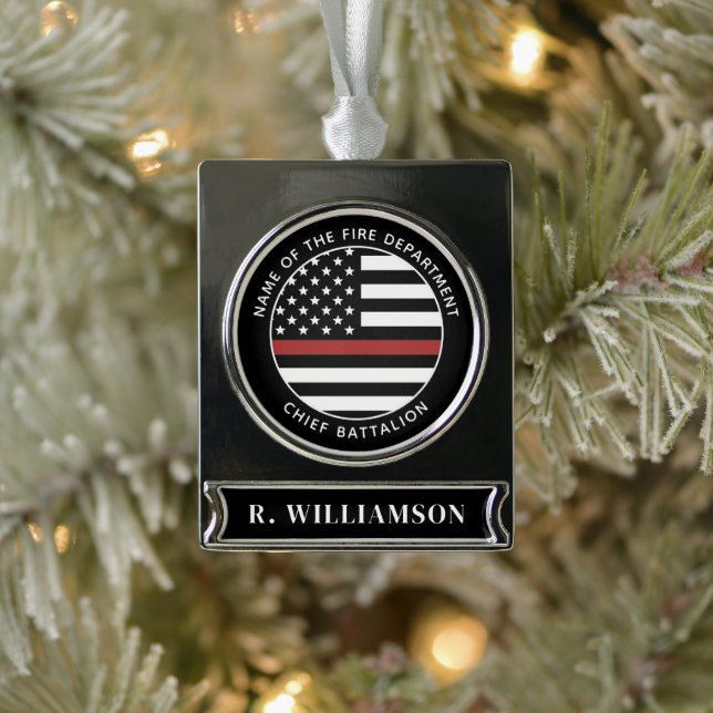 Personalized Firefighter Thin Red Line USA Flag Silver Plated Banner Ornament (Tree)