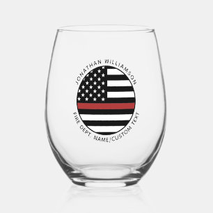 Personalized Firefighter Thin Red Line USA Flag Stemless Wine Glass