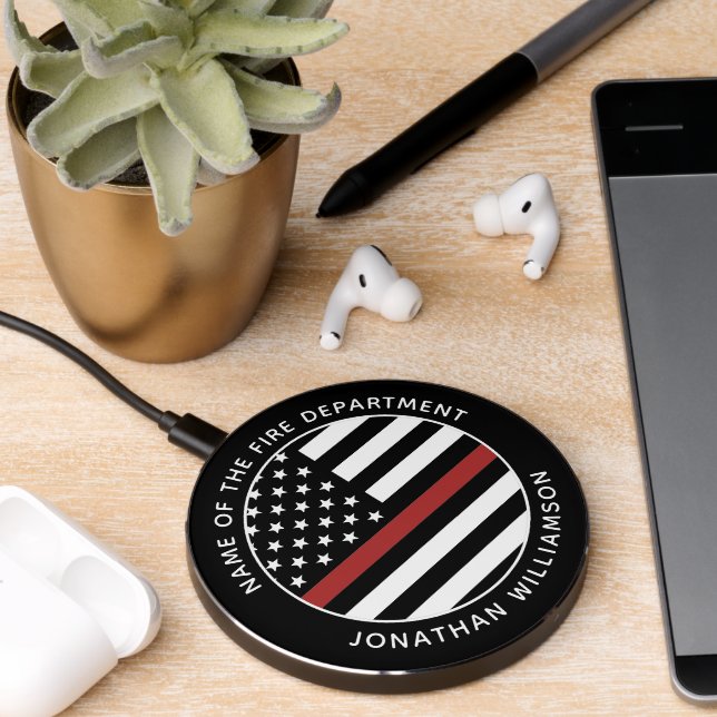 Personalized Firefighter Thin Red Line USA Flag Wireless Charger (Desk 2)