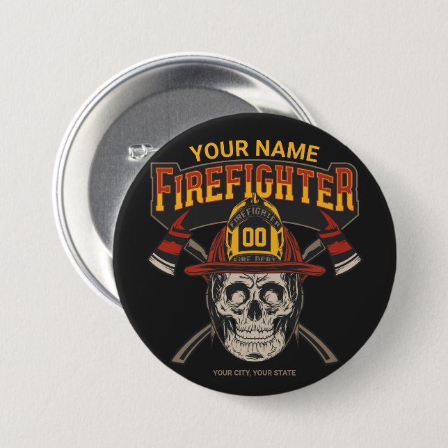 Personalized Fireman Skull Helmet Ax Firefighter  Button (Front & Back)