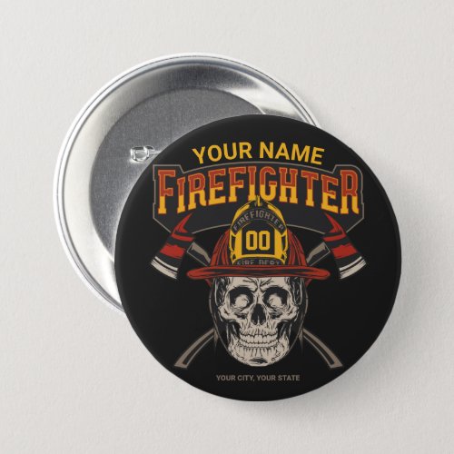 Personalized Fireman Skull Helmet Ax Firefighter  Button