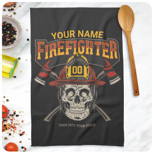 Personalized Fireman Skull Helmet Ax Firefighter Kitchen Towel