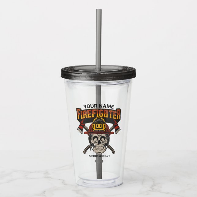 Personalized Fireman Skull Helmet Axe Firefighter Acrylic Tumbler (Front)