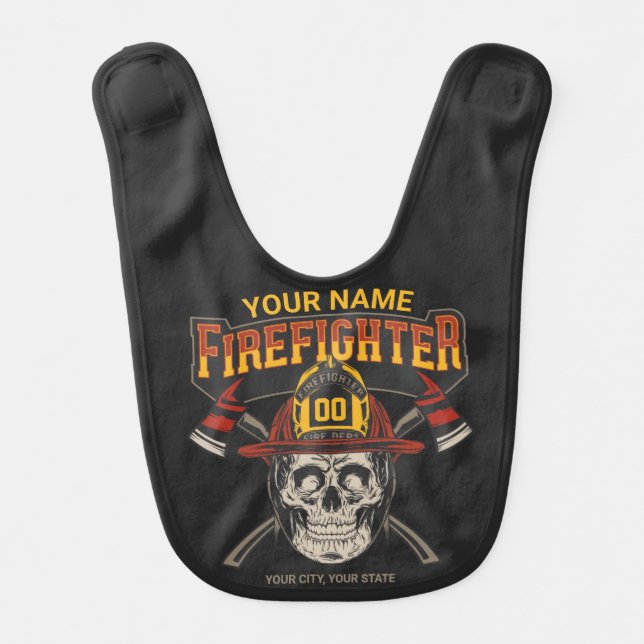 Personalized Fireman Skull Helmet Axe Firefighter  Baby Bib (Front)