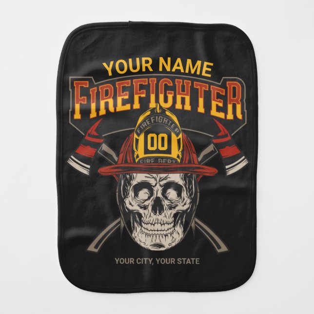 Personalized Fireman Skull Helmet Axe Firefighter  Baby Burp Cloth (Front)