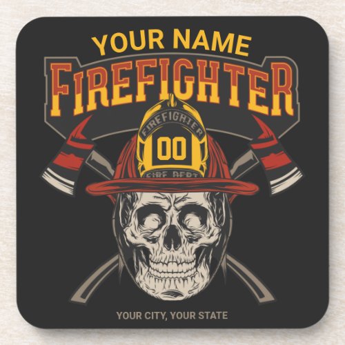 Personalized Fireman Skull Helmet Axe Firefighter Beverage Coaster
