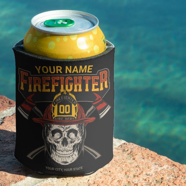 Personalized Fireman Skull Helmet Axe Firefighter  Can Cooler (Creator Uploaded)