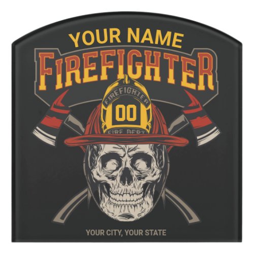 Personalized Fireman Skull Helmet Axe Firefighter Door Sign