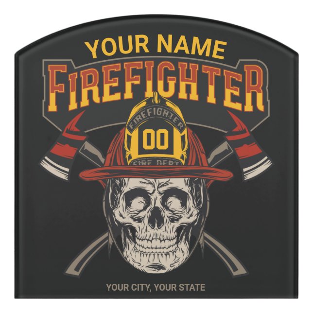 Personalized Fireman Skull Helmet Axe Firefighter Door Sign (Contour Front)