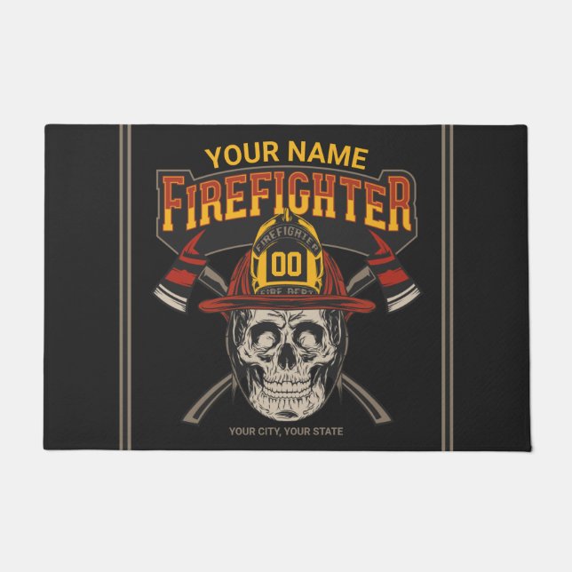 Personalized Fireman Skull Helmet Axe Firefighter  Doormat (Front)
