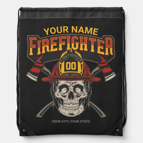 Personalized Fireman Skull Helmet Axe Firefighter Drawstring Bag