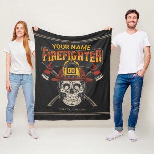 Personalized Fireman Skull Helmet Axe Firefighter  Fleece Blanket