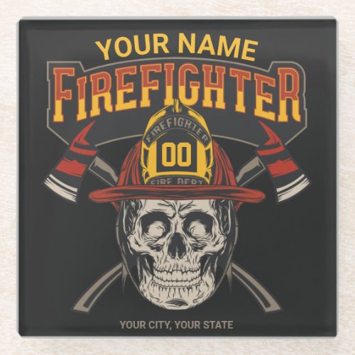Personalized Fireman Skull Helmet Axe Firefighter  Glass Coaster