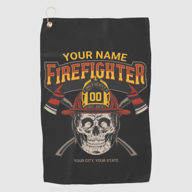Personalized Fireman Skull Helmet Axe Firefighter  Golf Towel (Front)