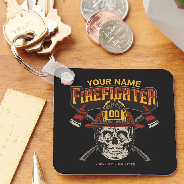 Personalized Fireman Skull Helmet Axe Firefighter  Keychain (Creator Uploaded)