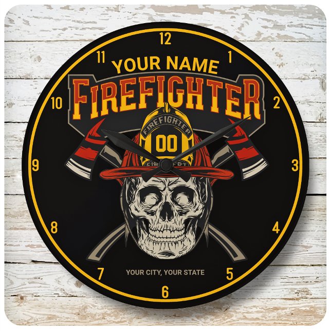 Personalized Fireman Skull Helmet Axe Firefighter Large Clock (Creator Uploaded)