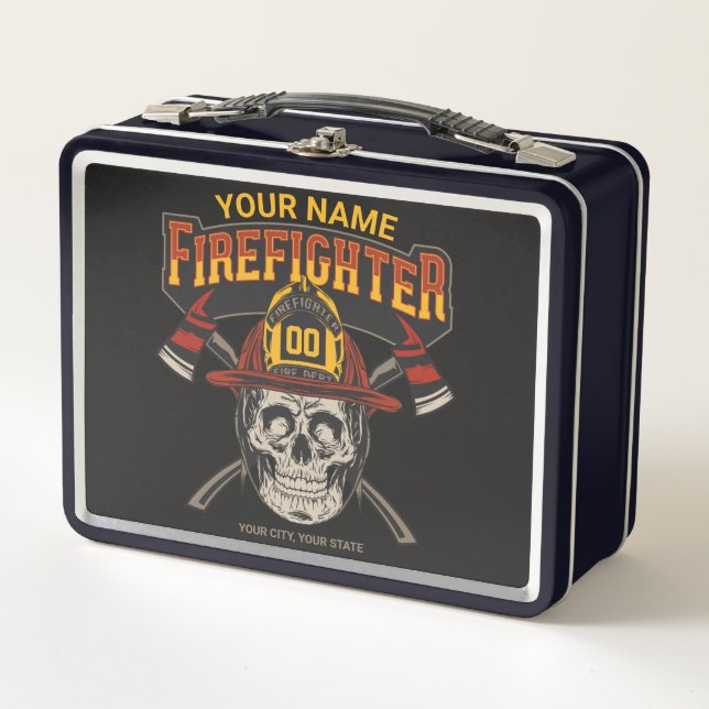 Personalized Fireman Skull Helmet Axe Firefighter Metal Lunch Box (Front)