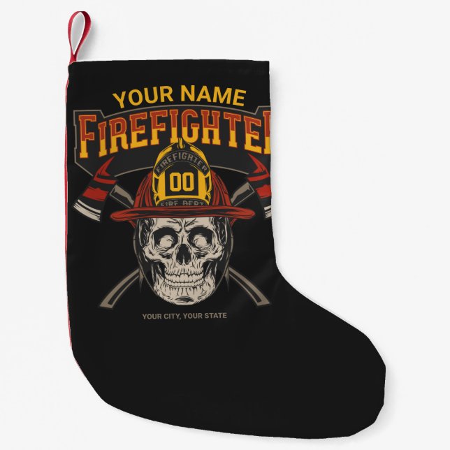 Personalized Fireman Skull Helmet Axe Firefighter  Small Christmas Stocking (Front)