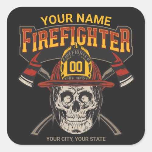 Personalized Fireman Skull Helmet Axe Firefighter  Square Sticker