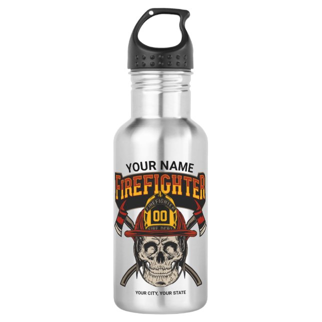 Personalized Fireman Skull Helmet Axe Firefighter  Stainless Steel Water Bottle (Front)