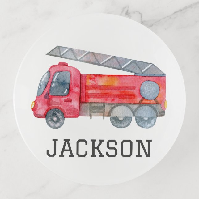 Personalized Firetruck birthday Party Trinket Tray (Front)