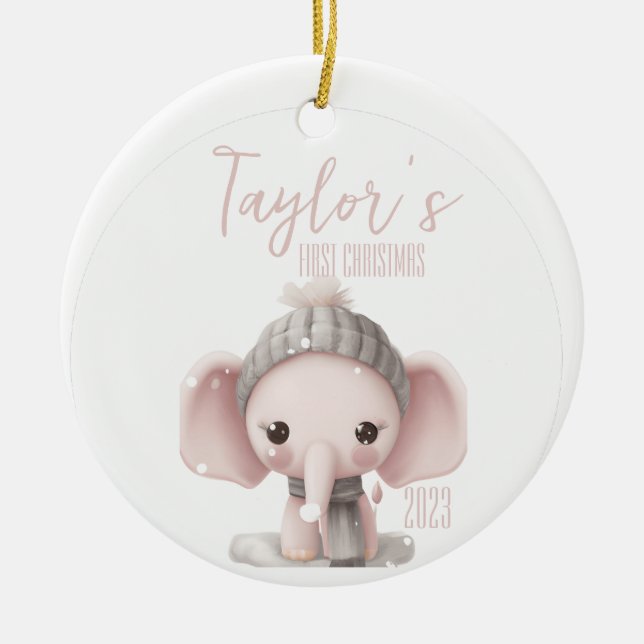 Personalized First Baby Elephant Christmas Ceramic Ornament (Front)