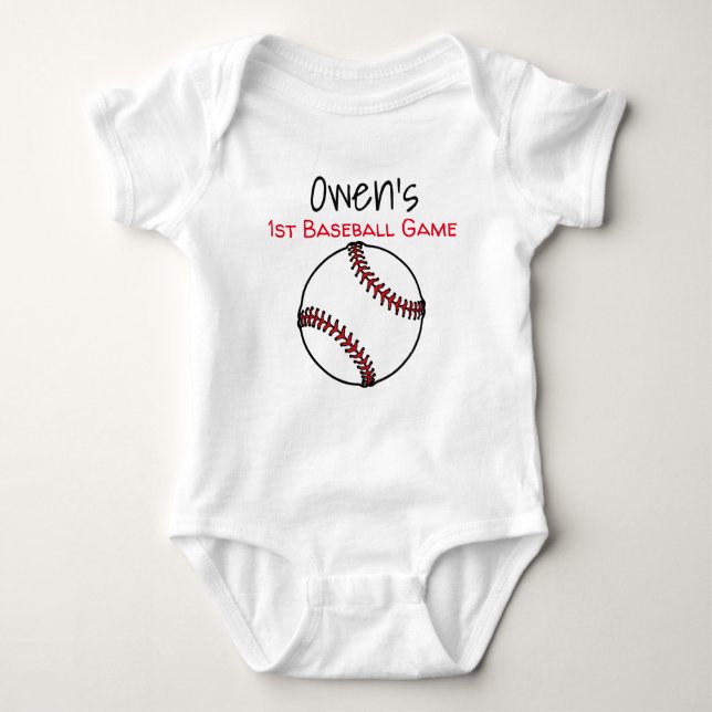 personalized first baseball game baby bodysuit (Front)