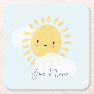 Personalized First Birthday Baby Shower Sunshine Square Paper Coaster