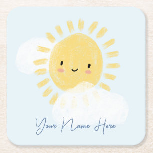 Personalized First Birthday Baby Shower Sunshine Square Paper Coaster