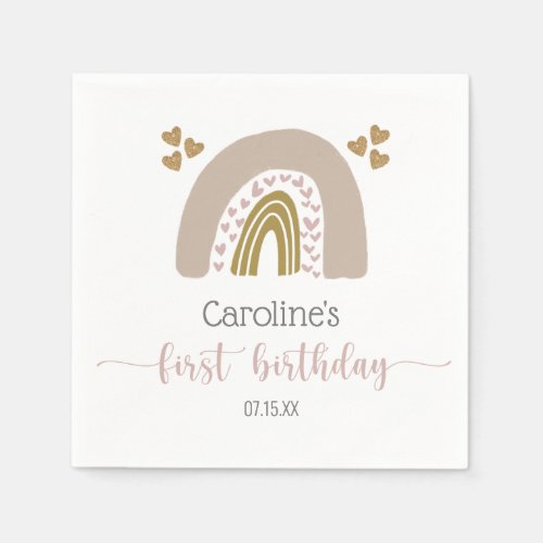 Personalized First Birthday Boho Rainbow Heart Napkins