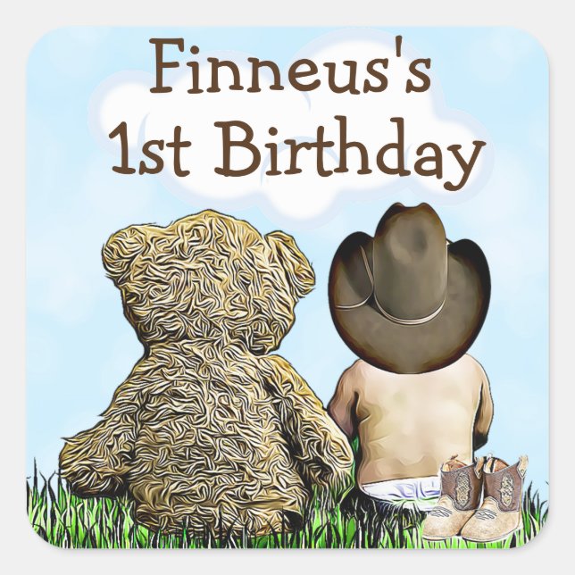 Personalized First Birthday Cowboy and Teddy Bear Square Sticker (Front)