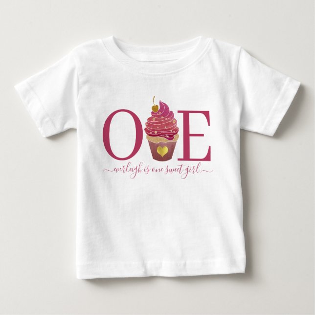 Personalized First Birthday Cupcake Baby T-Shirt (Front)