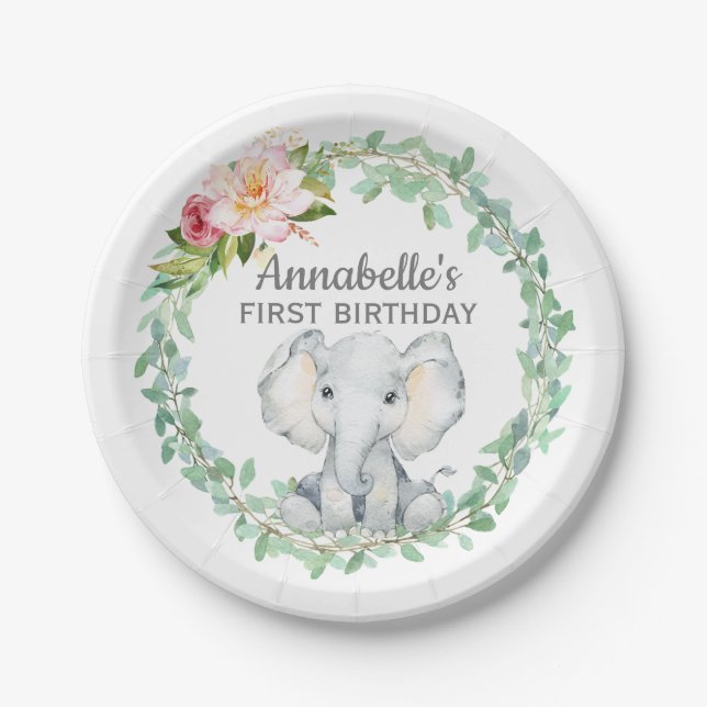 Personalized First Birthday Elephant Paper Plates (Front)