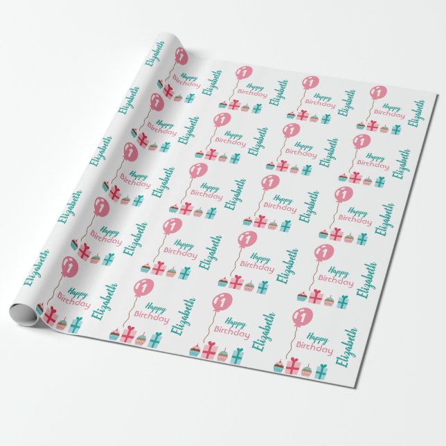 Personalized First Birthday girl Wrapping Paper (Unrolled)