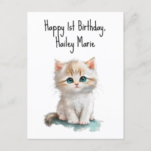 Personalized First Birthday Kitten with Blue Eyes  Postcard