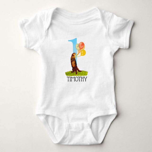 Personalized First Birthday Otter Boy  Baby Bodysuit (Front)