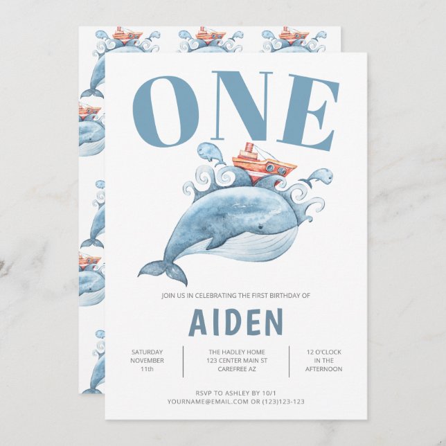 Personalized First Birthday Party Blue Whale Invitation (Front/Back)