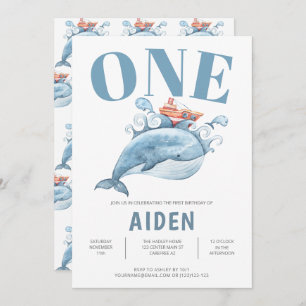 Personalized First Birthday Party Blue Whale Invitation