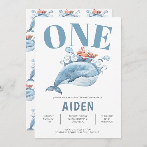 Personalized First Birthday Party Blue Whale Invitation