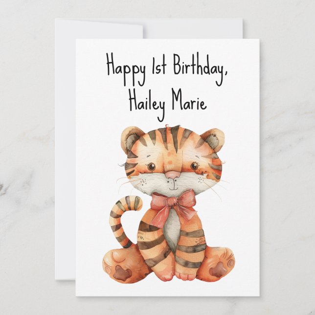 Personalized First Birthday Stuffed Toy Tiger  Card (Front)