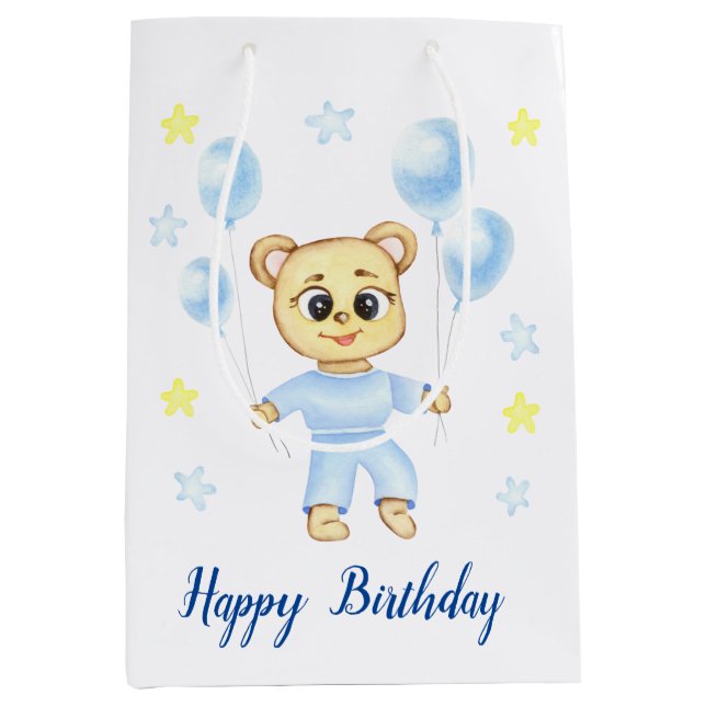 Personalized First Birthday Teddy Bear Boy  Medium Gift Bag (Front)