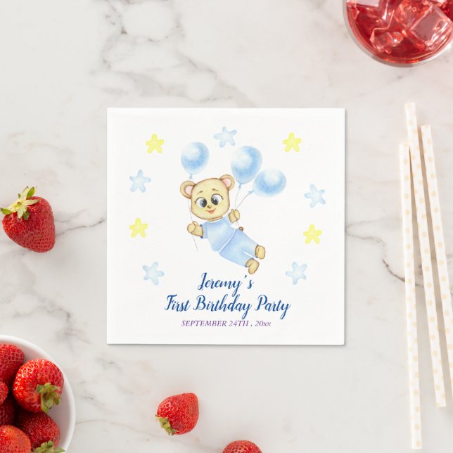 Personalized First Birthday Teddy Bear Boy  Napkins (Insitu)
