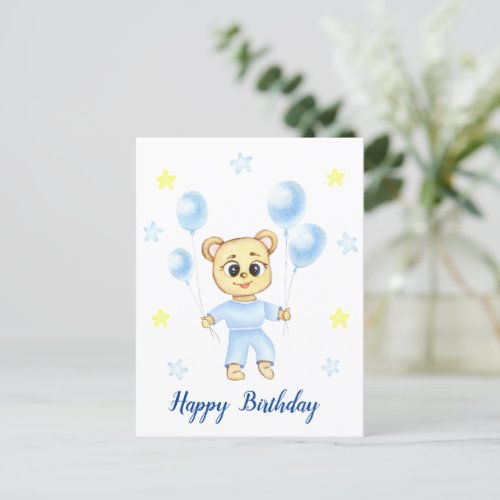 Personalized First Birthday Teddy Bear Boy  Postcard