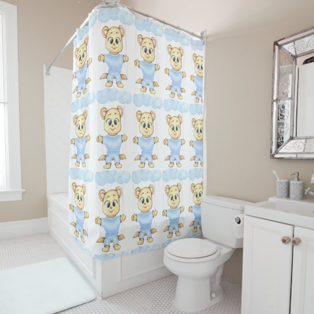 Personalized First Birthday Teddy Bear Boy Shower Curtain (In Situ)