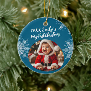 Personalized First Christmas Add Photo Snowflakes  Ceramic Ornament