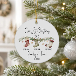 Personalized First Christmas as a Family of 3 Ceramic Ornament