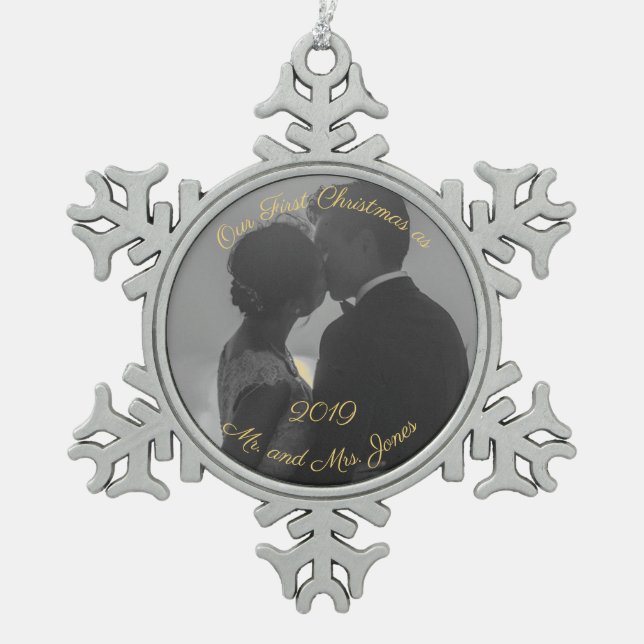 Personalized First Christmas as a Married Couple Snowflake Pewter Christmas Ornament (Front)